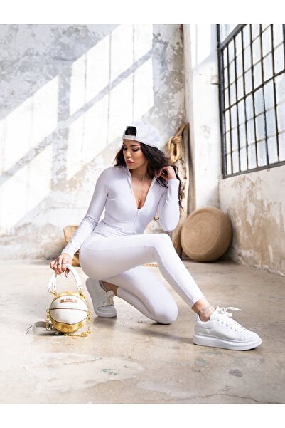 lismina Beyaz İçi Polarlı Yakası Fermuarlı Uzun Kollu Spor Tayt Tulum