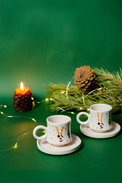 Gezdikçe Bilelim 2’li Takım Yılbaşı Geyikli , El Yapımı kazan Seramik Kahve Fincanı, Kahve Fincanı, Hand made