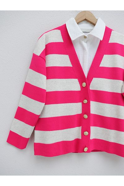 Modamorfo Thick Striped Araboy Knitwear Cardigan -Fuchsia
