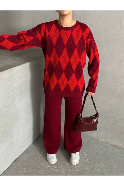 Lusin Women's Burgundy Diamond Pattern Sweater Blouse Pants Bottom Top Double Knitwear Set