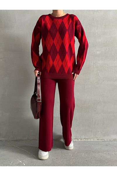 Lusin Women's Burgundy Diamond Pattern Sweater Blouse Pants Bottom Top Double Knitwear Set