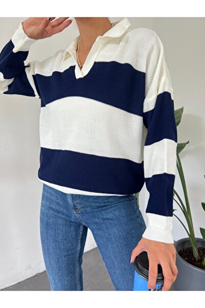 Modamorfo Polo nyakú csíkos kötöttáru pulóver -navy