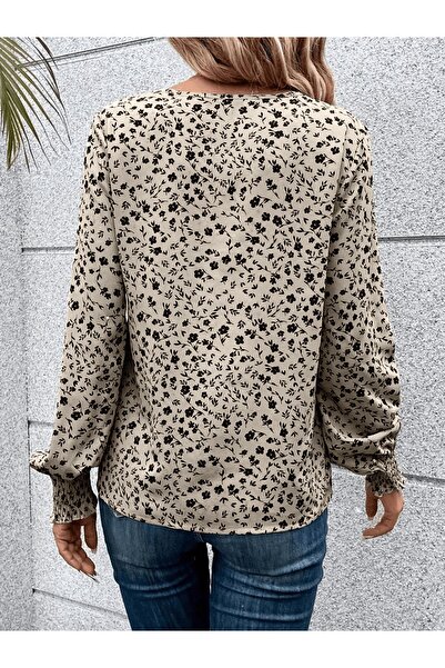 Moda Monisa V Yaka Çıtır Çiçek Baskılı Uzun Kollu Kadın Bluz | Gipe Kol Detaylı | Şık Tasarım