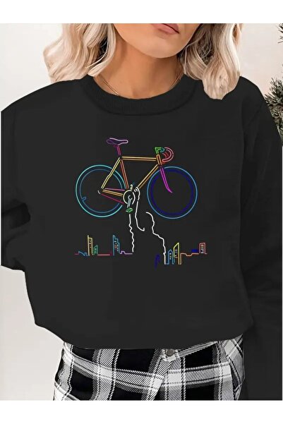 WOODROFFE سويت شيرت نسائي فضفاض برقبة دائرية مطبوع عليه دراجة هوائية باللون ا...
