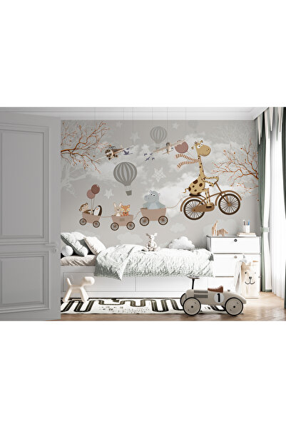 Tasarım Gökyüzünde Yolculuk Yapan Zürafa ve Sevimli Dostları Çocuk Odası Duvar Kağıdı