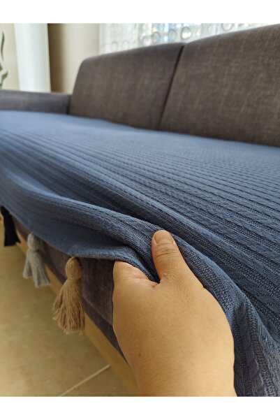 Petek Home Püsküllü Koltuk Örtüsü Indigo(PÜSKÜL RENGİ GRİ VİZON LACİVERT) 1 Adet 90x210 Ebatinda Oturma Yerine