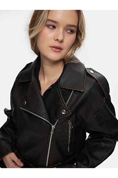 Ltb Яке в цвят кафе с кубинска яка и цип, избледнял ефект