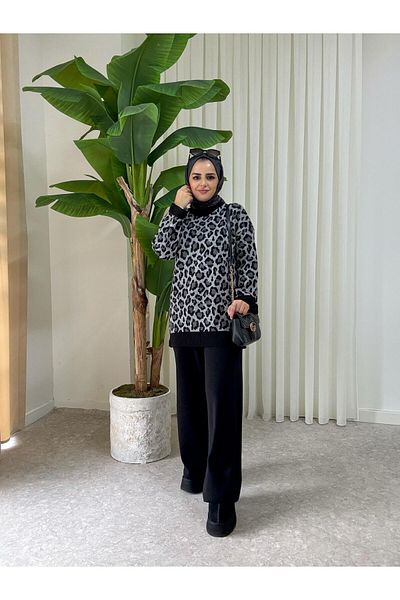 Aselim Hijap Moda Gray Leopard Print Winter Double Knitwear Set