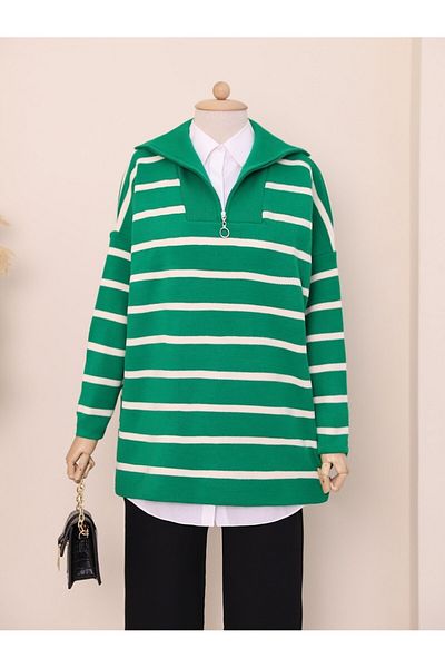 Modamorfo Half-Neck Zippered Double Plate Knitwear Tunic -Green