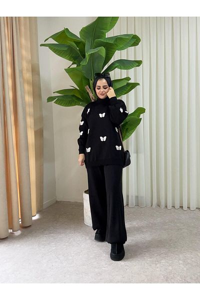 Aselim Hijap Moda Black Butterfly Textured Knitwear Double Set