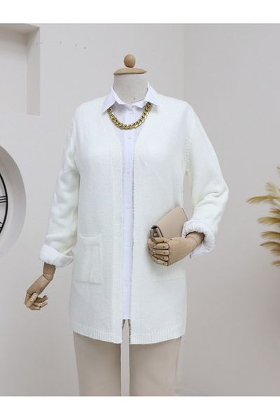 Modamorfo Cardigan Yumoş Ecru Knitwear - Buzunar dublu