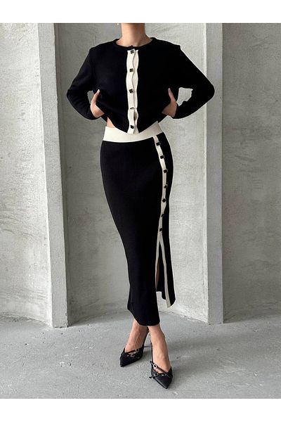 Lusin Women's Button Detailed Sweater Blouse Skirt Bottom Top Knitwear Set - Black