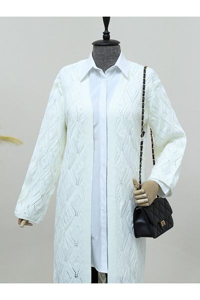 Modamorfo Diamond Pattern Openwork Long Knitwear Cardigan -Cream