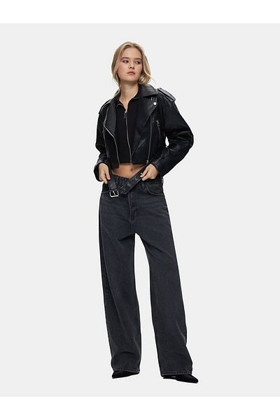 Ltb Pale Effect Cuban Collar Zippered Black Jacket