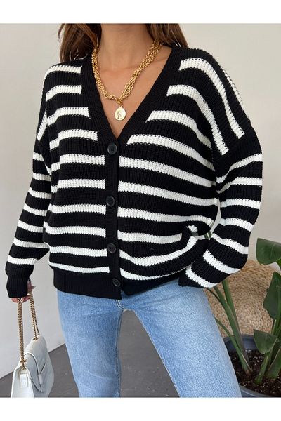 Modamorfo Thick Striped Buttoned Cardigan - Black