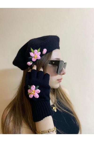 sema aksesuar Black Handmade Pink Pearl Floral French Painter Beret and Fingered Gloves Set - Gift