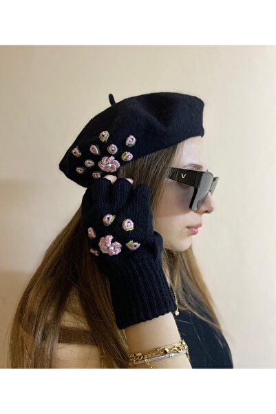 sema aksesuar Black Handmade Powder Pearl Floral French Painter Beret and Fingered Gloves Set - Gift