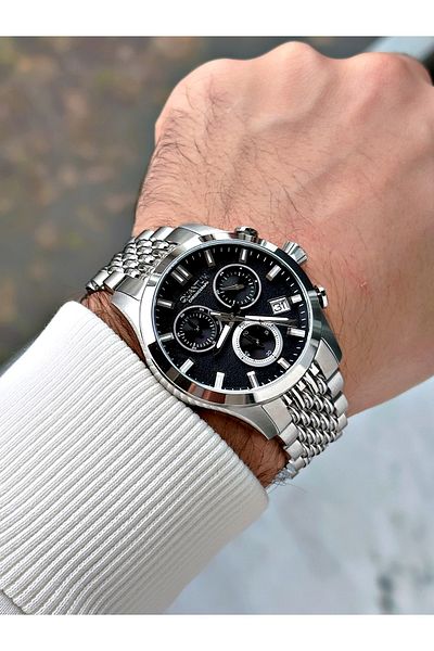 Quantum Function Silver-Black Color Steel Band Steel Case Men's Wrist Watch 1165.380