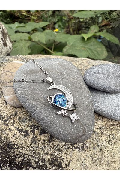 Zelula 316L Steel Blue Earth Crescent Moon and Star Necklace