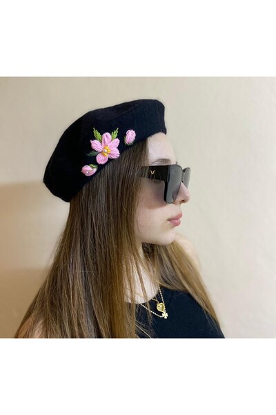 sema aksesuar Black Handmade Pink Pearl Floral French Painter Beret and Fingered Gloves Set - Gift
