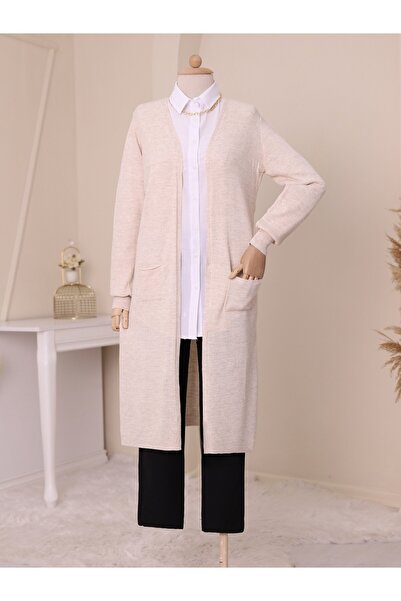 Modamorfo Pocketed Hijab Long Cardigan - Stone