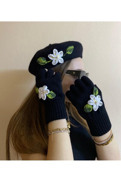 sema aksesuar Black Handmade Zircon Cubic Zirconia White Floral French Painter Beret and Finger Cut Gloves Set