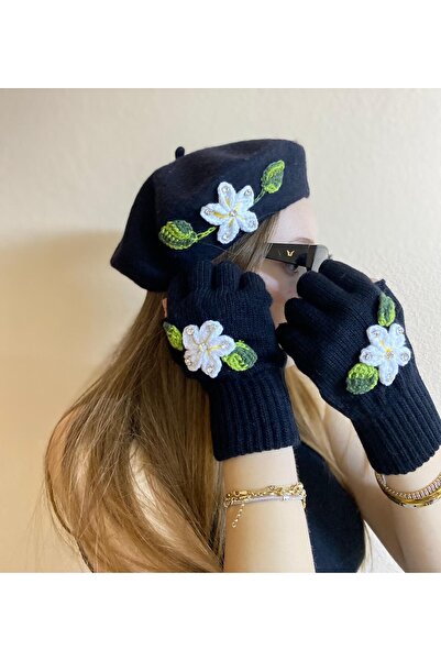 sema aksesuar Black Handmade Zircon Cubic Zirconia White Floral French Painter Beret and Finger Cut Gloves Set
