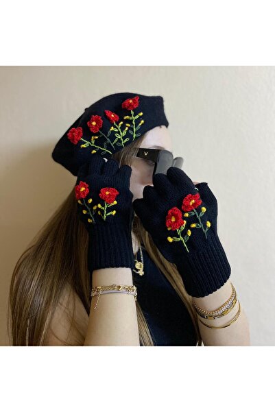 sema aksesuar Black Handmade Red Floral Embroidered French Painter Beret and Fingered Gloves Set - Gift