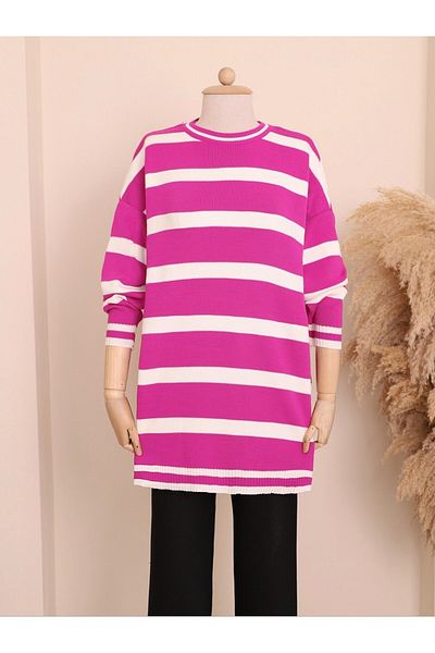 Modamorfo Fuchsia Striped Winter Hijab Knitwear Tunic