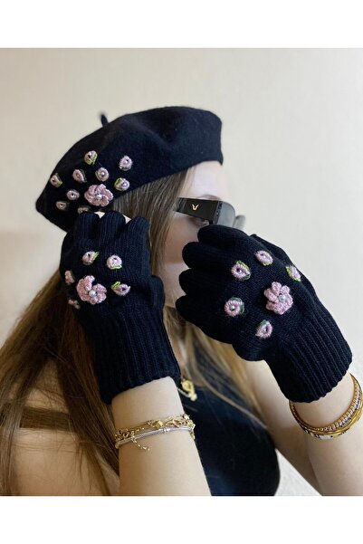 sema aksesuar Black Handmade Powder Pearl Floral French Painter Beret and Fingered Gloves Set - Gift
