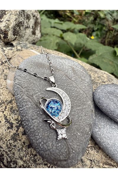 Zelula 316L Steel Blue Earth Crescent Moon and Star Necklace