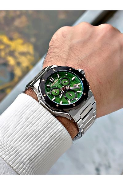 Quantum Silver-Green Color Steel Band Steel Case Men's Wrist Watch 1081.370