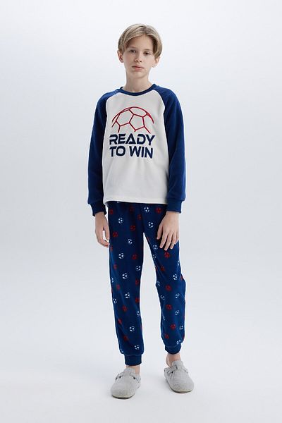 DeFacto Fleece-Pyjama-Set für Jungen, Rundhalsausschnitt, bedrucktes Langarm-Oberteil mit elastischem Bund, langes Unterteil D8600A82