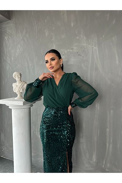 LİLA İSTANBUL Rochie cu paiete din tul cu decolteu dublu