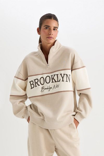 DeFacto Brooklyn Nets Fit Nba Oversize - Stand Collar Zip Thick Sweatshirt D2428Ax24Au
