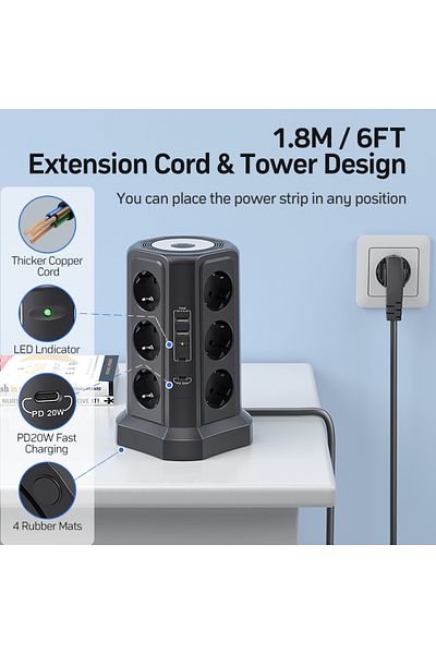 Choice 110-250V EU 12 black Eu Black Multi-socket surge Protector 4000W 16A with USB port, multi-plug with