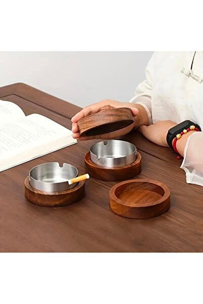 INTEREV Dekoratif Ahşap Paslanmaz Çelik ile Kaplı Kapaklı Küllük