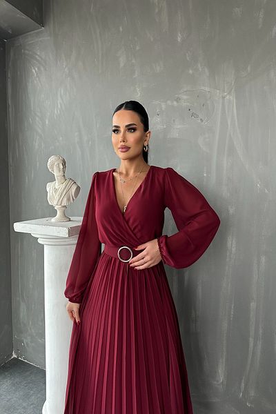kamacibutik Double Breasted Neckline Belt Pleated Chiffon Dress