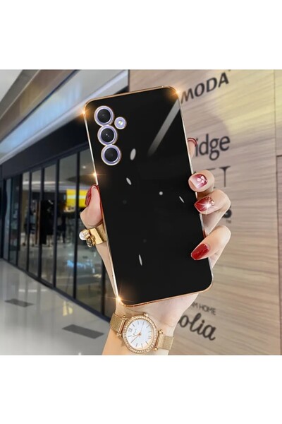 AKSEFİZZ Samsung Galaxy S24 Fe Compatible Glossy Soft Surface Camera Protected Gold Edge Case