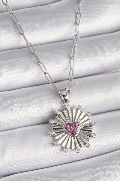 Clariss 316L Steel Silver Color Pink Zircon Stone Heart Embroidery Locket Model Women's Necklace