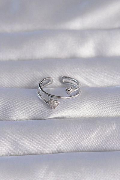 Clariss Brass Silver Color Zircon Stone Heart Model Adjustable Ring