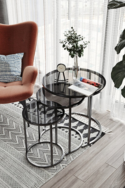 Huga Metal Ceylin Zigon Sehpa Siyah Metal Temperli Füme Cam