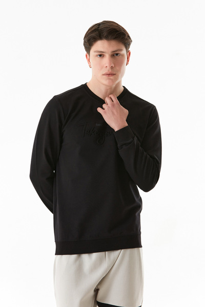 Fulla Moda Yazı Kabartmalı Bisiklet Yaka Sweatshirt