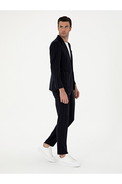 Cacharel Koyu Lacivert Slim Fit Yün Karışımlı Çizgili Pantolon 50284757-VR100