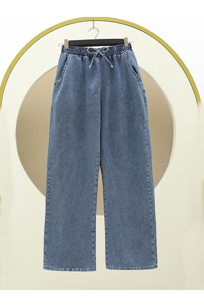 Modamorfo Elastic Waist Jeans with Wide Legs and Pockets -Tint