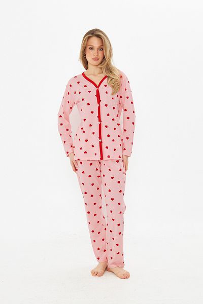 ESPİNA Women's V-Neck Buttoned Long Sleeve Pajamas Set
