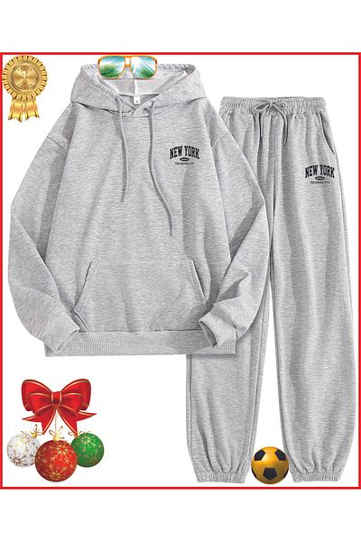 HOFFNUNG Full Hoodie New York the Empire City Grey Printed Tracksuit Set