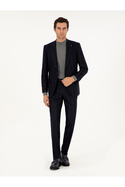 Cacharel Koyu Lacivert Slim Fit Çizgili Yün Takım Elbise 50291061-VR100