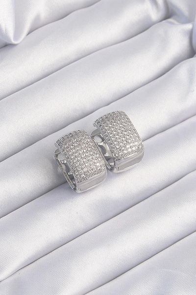 Clariss Brass Silver Color Zircon Stone Minimal Hoop Earrings