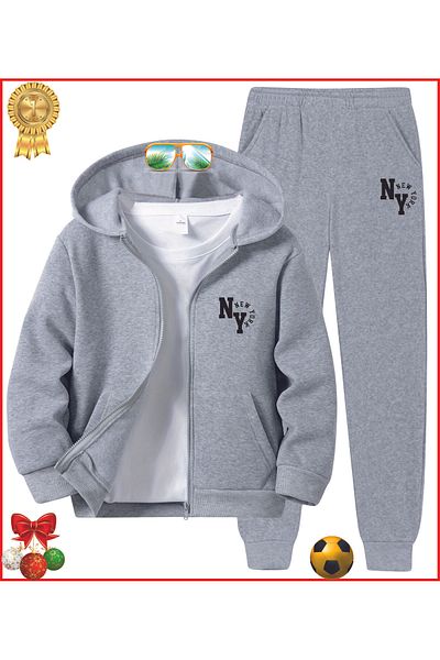 HOFFNUNG Ny New York Grey Printed Full Hoodie Tracksuit Set